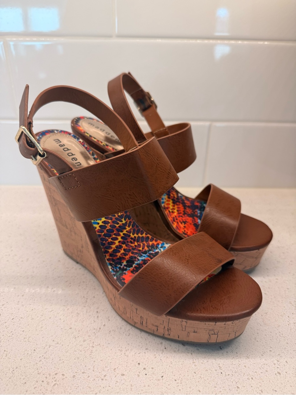 Madden Girl Element Brown Cork-Style Platform Wedge Sandals Size 7